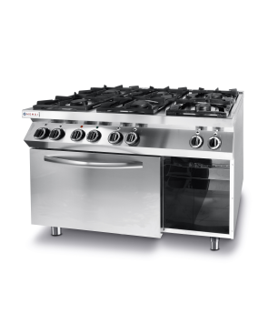 HENDI Gaskocher 6 Brenner mit elektrischem Ofen GN 1/1 Kitchen Line, 230V/3000W, 28,5kW Gaskochfeld (Kochfelder: 6)