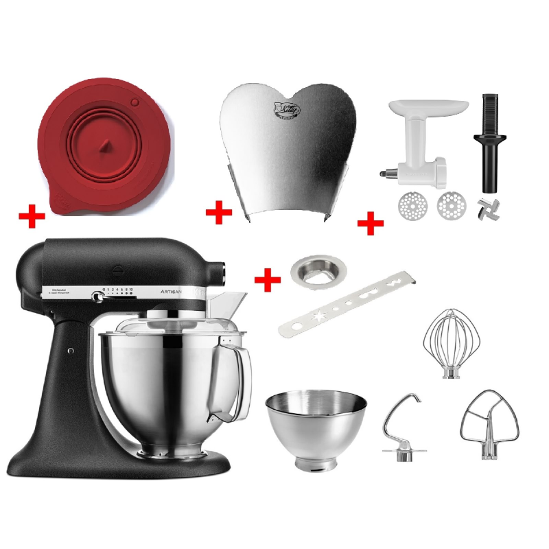 KITCHENAID 5KSM185PSEBK inkl. Edelstahlrührelmenten und 4 Zubehöre Küchenmaschine Gusseisenschwarz (300 Watt)