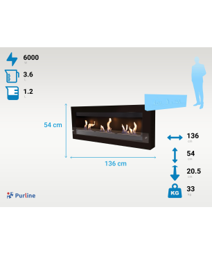 PURLINE Bioethanol-Wandkamin aus schwarzem Stahl Panoramadesign extra groß mit gehärtetem Glas wandmontierter Biokamin (6000 W