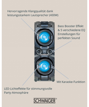 SCHWAIGER -658057- Bluetooth Party Soundsystem mit LED-Lichteffekten, Schwarz