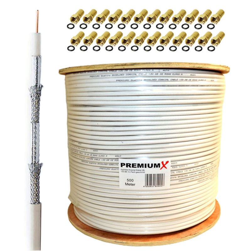 PREMIUMX 500m BASIC Koaxialkabel 135dB 4-fach SAT Koax Kabel 24x F-Stecker Antennenkabel