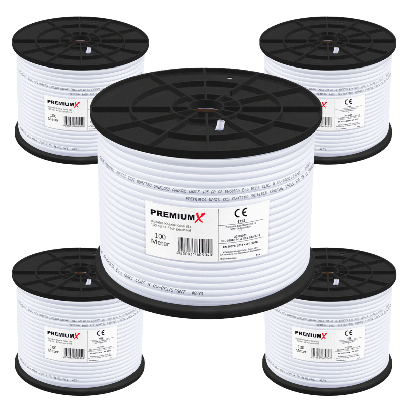 PREMIUMX 5x 100m BASIC Koaxialkabel 135dB 4-fach SAT Koax Kabel Antennenkabel Antennenkabel