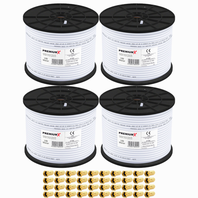 PREMIUMX 4x 100m BASIC Koaxialkabel 135dB 4-fach SAT Koax Kabel 40x F-Stecker Antennenkabel