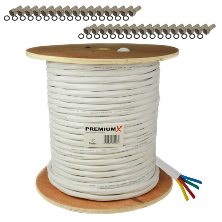 PREMIUMX 100m Basic Quattro Quad Koaxial SAT Kabel 90dB Weiß 32x F-Stecker Antennenkabel