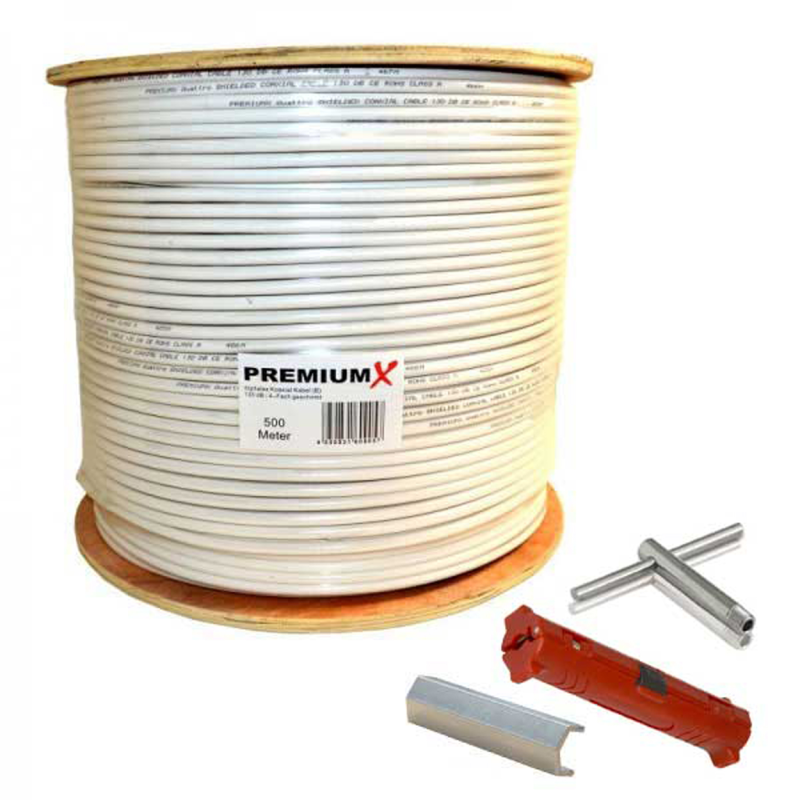 PREMIUMX 500m BASIC Koaxialkabel 135dB 4-fach SAT Koax Kabel Montage-Set Antennenkabel, Weiß
