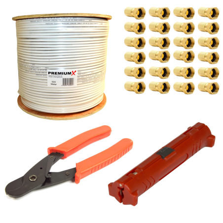 PREMIUMX 500m BASIC Koaxialkabel 135dB 4-fach SAT Koax Kabel Montage-Set Antennenkabel