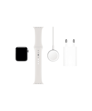 APPLE Watch Series 5 (GPS + Cellular) 40mm Smartwatch Edelstahl Fluorelastomer, 130 - 200 mm, Armband: Weiß, Gehäuse: Edelstahl