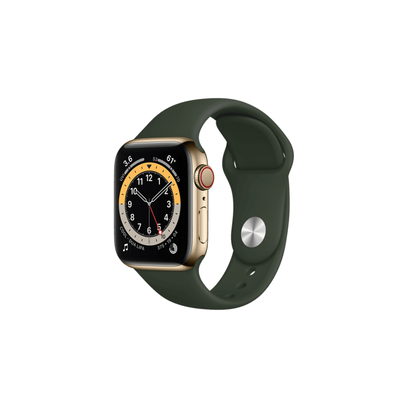 APPLE Watch Series 6 (GPS + Cellular) 40mm Smartwatch Edelstahl Fluorelastomer, 130 - 200 mm, Armband: Zyperngrün, Gehäuse: Gold