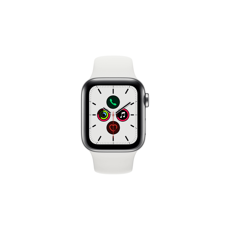 APPLE Watch Series 5 40mm Smartwatch Aluminium Fluorelastomer, 130 - 200 mm, Armband: Weiß, Gehäuse: Silber