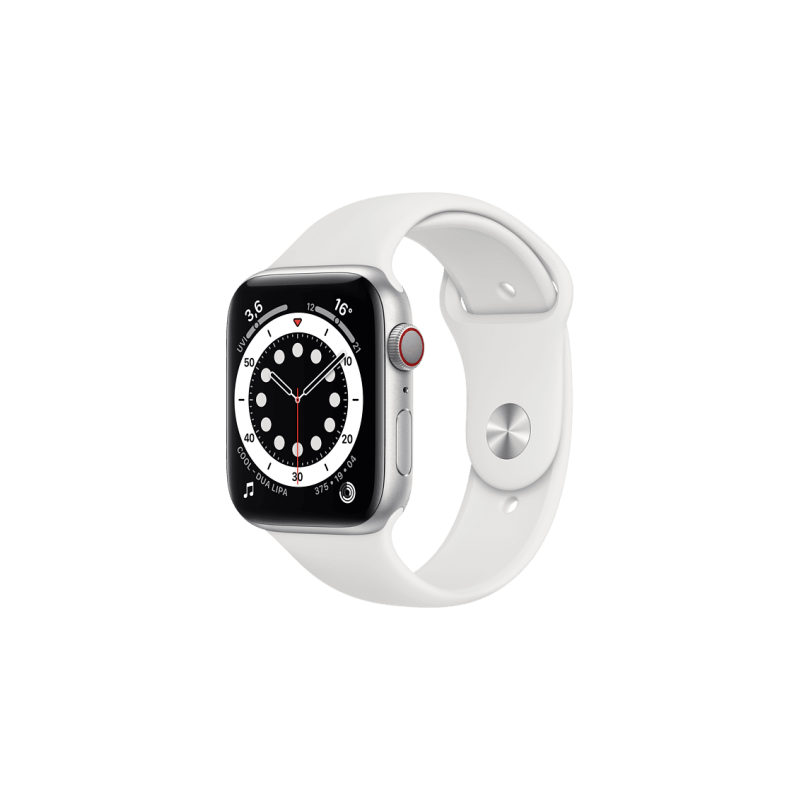 APPLE Watch Series 6 (GPS + Cellular) 44mm Smartwatch Aluminium Fluorelastomer, 140 - 210 mm, Armband: Weiß, Gehäuse: Silber