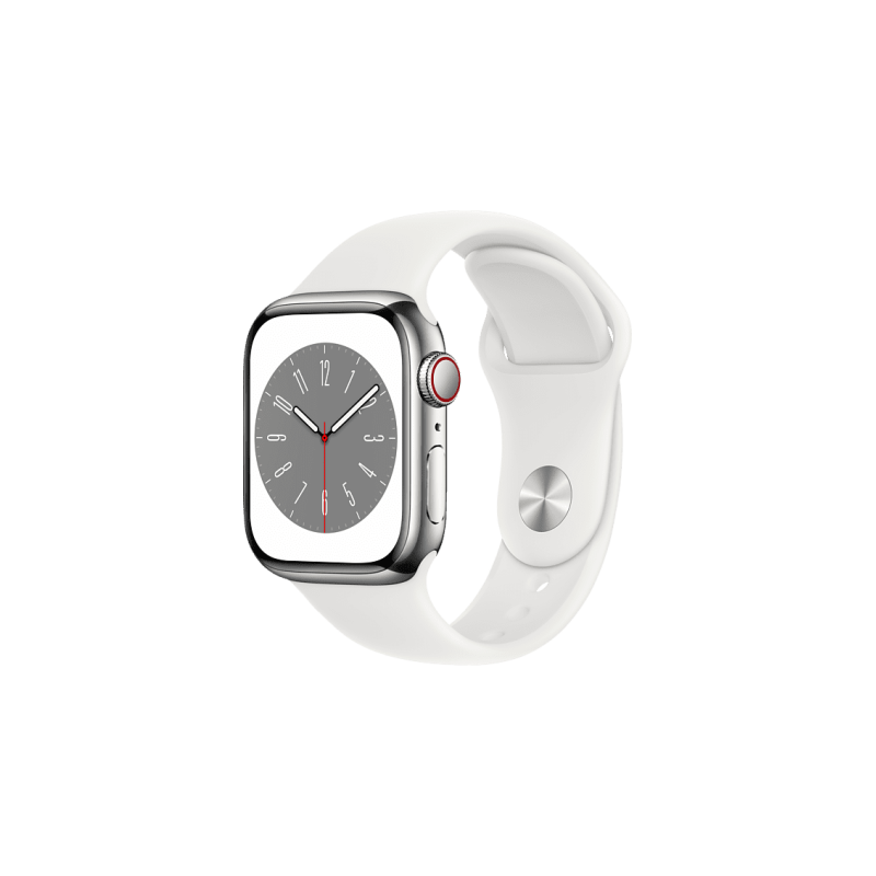 APPLE Watch Series 8 (GPS + Cellular) 45 mm Smartwatch Edelstahl Fluorelastomer, 140 - 220 mm, Armband: Weiß, Gehäuse: Silber APPLE Watch Series 8 (GPS + Cellular) 45 mm Smartwatch Edelstahl Fluorelastomer, 140 - 220 mm, Armband: Weiß, Gehäuse: Silber