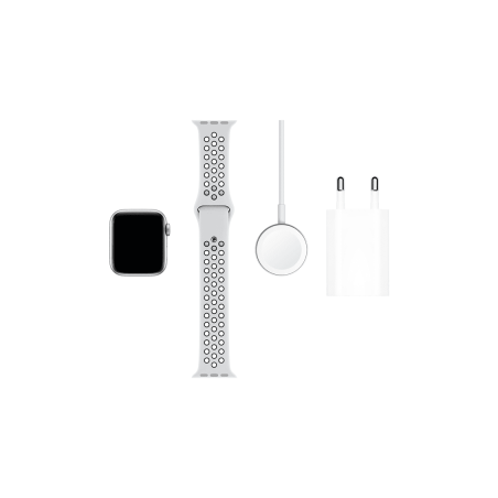 APPLE Watch Nike Series 5 (GPS + Cellular) 44mm Fluorelastomer, 140 - 200 mm , Armband: Pure Platinum Schwarz, Gehäuse: Silber