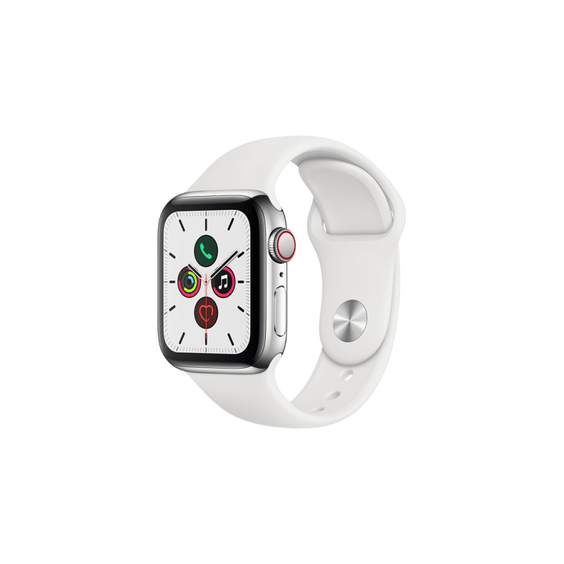 APPLE Watch Series 6 (GPS + Cellular) 44mm Smartwatch Edelstahl Fluorelastomer, 140 - 210 mm, Armband: Weiß, Gehäuse: Silber