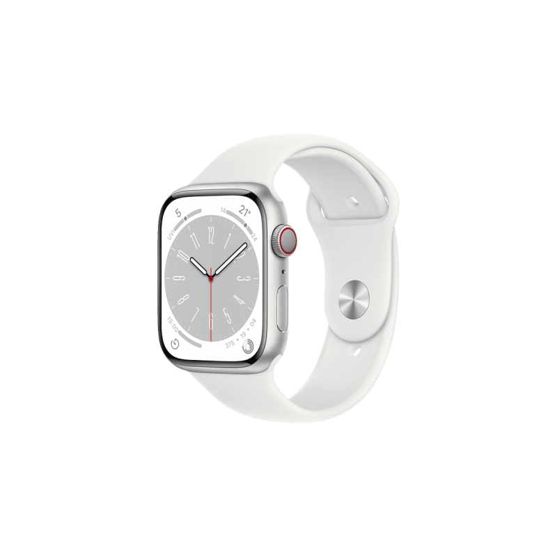 APPLE Watch Series 8 (GPS) 45 mm Smartwatch Aluminium Fluorelastomer, 140 - 220 mm, Armband: Weiß, Gehäuse: Silber