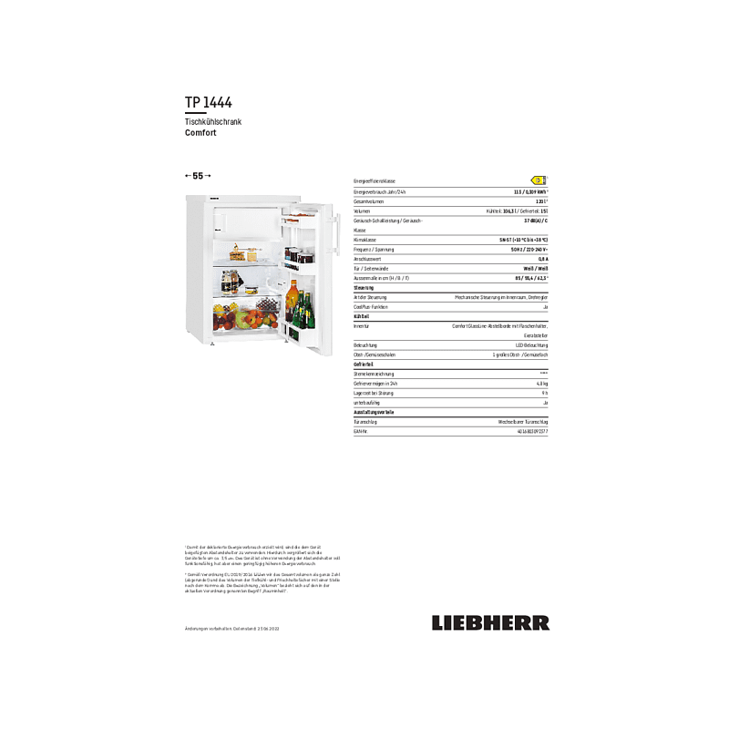 LIEBHERR TP 1444-20 Comfort Kühlschrank (D, 850 mm hoch, Weiß)
