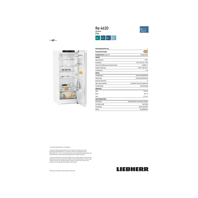 LIEBHERR Re 4620-20 Plus Kühlschrank (E, 1455 mm hoch, Weiß)