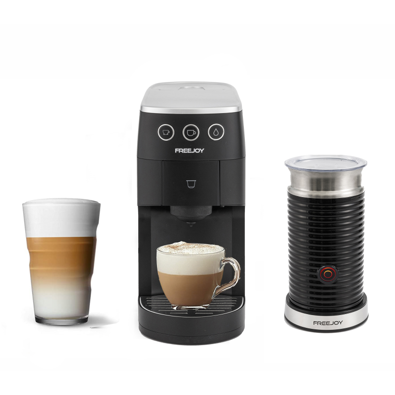 FREEJOY Multi Function 4 in 1 und Milchschäumer Kapselmaschine Schwarz/Silber