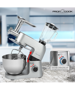 PROFICOOK PC-KM 1189 Knetmaschine Mixer Fleichwolf Silber (Rührschüsselkapazität: 6,7 Liter, 1500 Watt)
